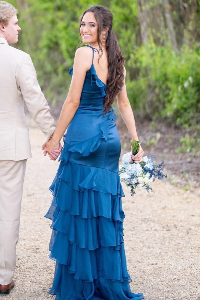 Emerald Green V-Neck Ruffle Long Prom Dress with Slit