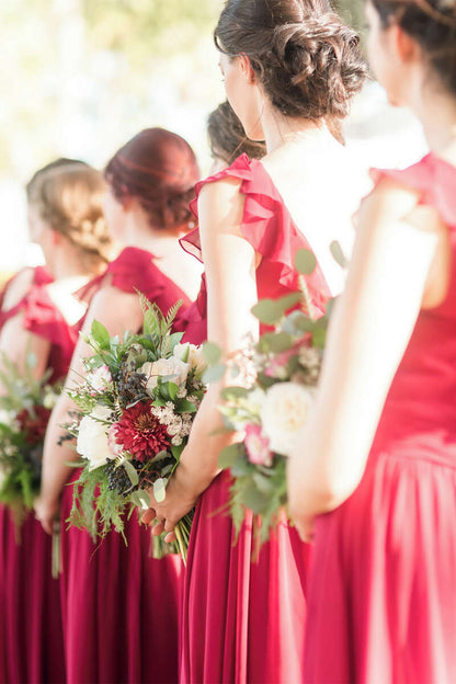 Ruby Chiffon Ruffled Straps Long Bridesmaid Dress