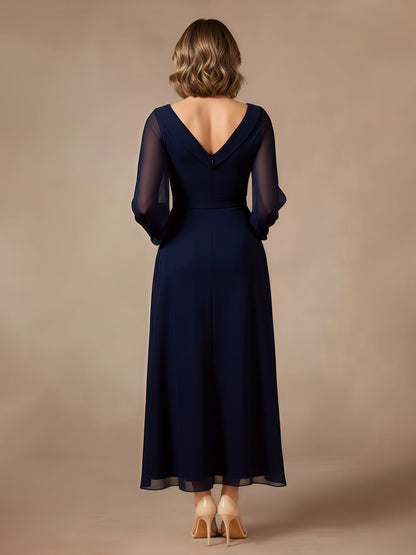 A-Line V-neck Long Sleeves Chiffon Dress Dark Navy