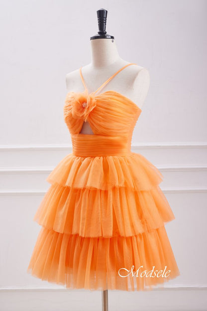 Halter Orange Layers  A-line Homecoming Dress