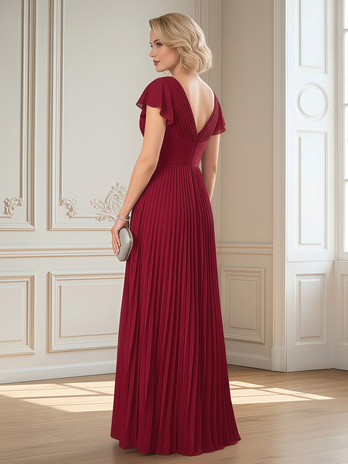 Flutter Sleeve Draped Bodice Formal Gown Burgundy