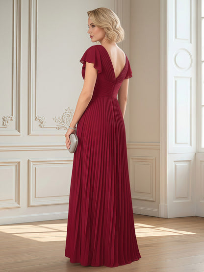 Flutter Sleeve Draped Bodice Formal Gown Burgundy