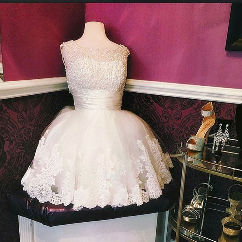 White Lace Homecoming Dresses Pearl Beading