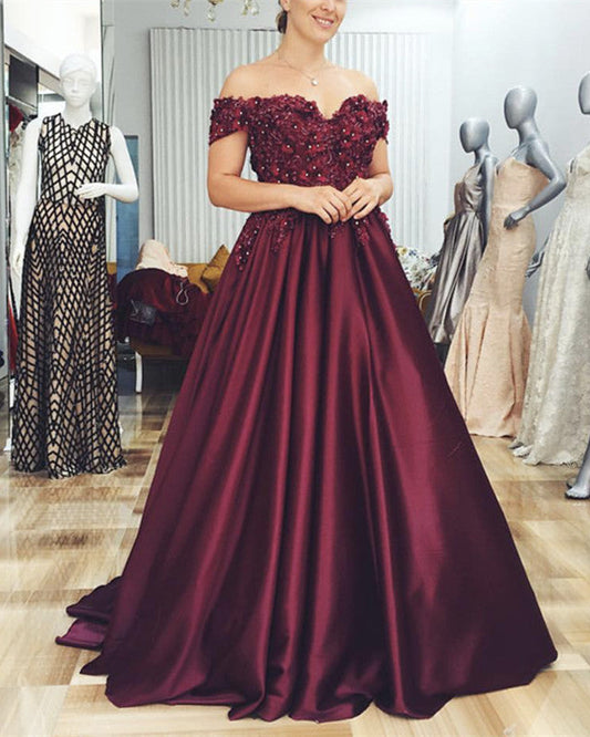 A-line Floor Length Satin Evening Dress Lace Embroidery