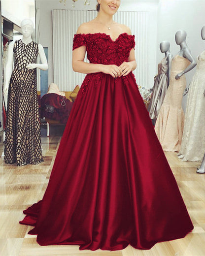 A-line Floor Length Satin Evening Dress Lace Embroidery