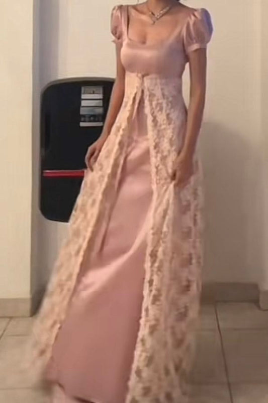 girlhomeshops-Pink short-sleeved lace retro elegant long prom dress gh5758