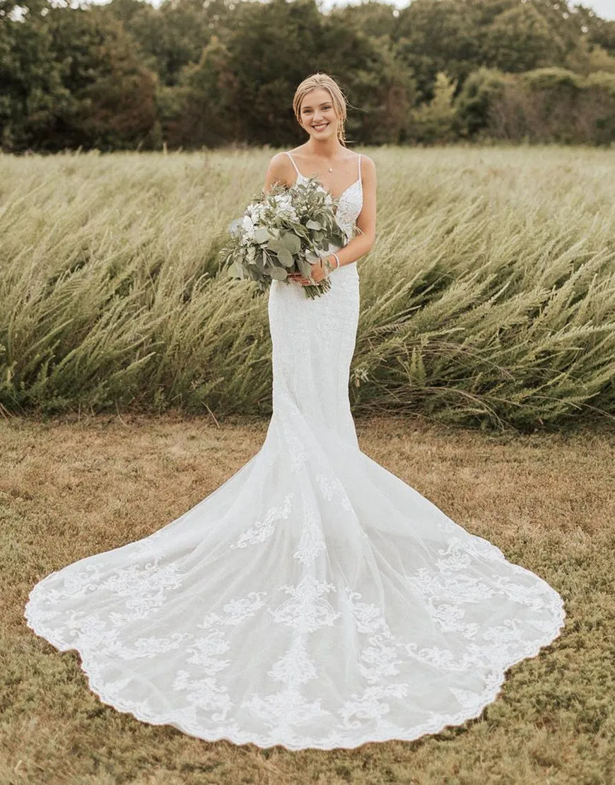 Aimishang Mermaid Wedding Dress White Spaghetti Straps
