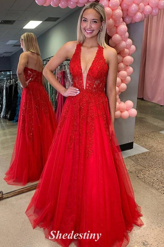 Applique Red Halter V-Neck A-Line Tulle Prom Dress