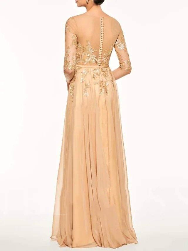 A-Line Mother of the Bride Dress Elegant See Through Illusion Neck Jewel Neck Floor Length Chiffon Lace Half Sleeve with Sash / Ribbon Pleats Appliques - RongMoon