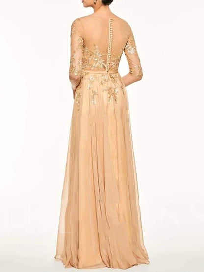 A-Line Mother of the Bride Dress Elegant See Through Illusion Neck Jewel Neck Floor Length Chiffon Lace Half Sleeve with Sash / Ribbon Pleats Appliques - RongMoon