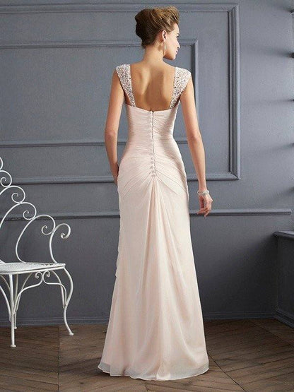 Sheath/Column Straps Sleeveless Beading Long Chiffon Dresses - RongMoon