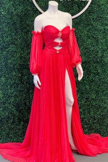 Off-Shoulder Beaded Strapless Cutout Long Prom Dress with Balloon Sleeves