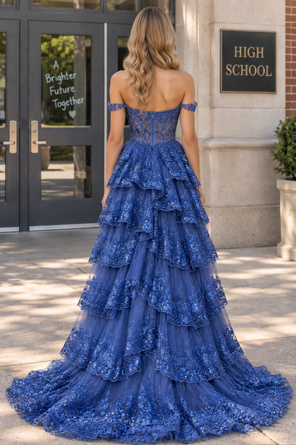 Fairytale Sequin-Embroidery Off-the-Shoulder Tiered Long Prom Dress with Slit
