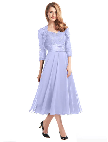 A-Line Mother of the Bride Dress Convertible Dress V Neck Tea Length Chiffon Corded Lace Sleeveless with Lace Pleats Appliques