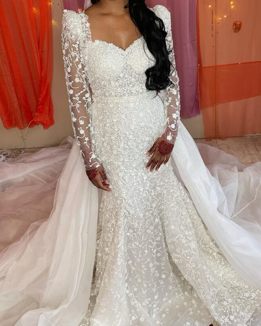 80s style mermaid lace sleeve wedding dress with removable skirt