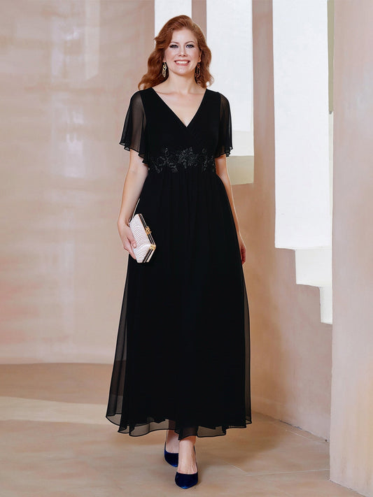 Chiffon V-Neck A-Line Gown with Flutter Sleeves Black