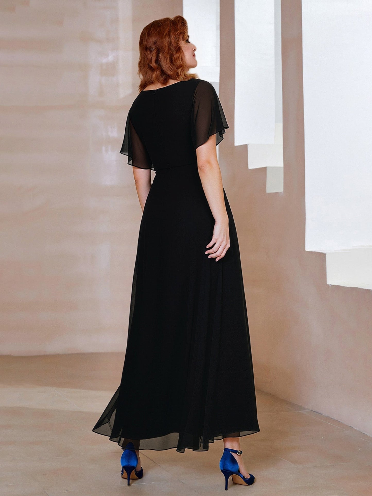 Chiffon V-Neck A-Line Gown with Flutter Sleeves Black