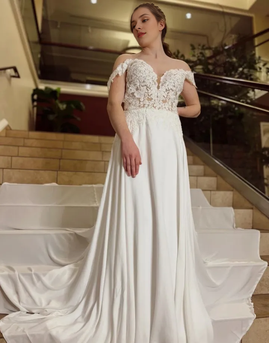 Aimishang A-Line Wedding Dress Off The Shoulder Chapel Train Lace And Satin