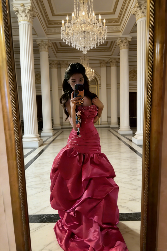 Rose Red Satin Strapless Court Gown - Vintage Ruffled Train Ball Dress gh6943