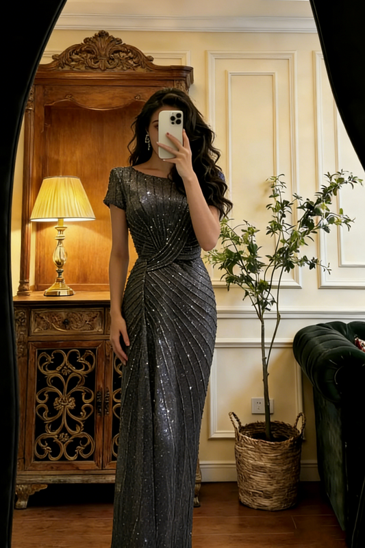 Dark Grey Sequin Short-Sleeve Slim Gown - High-End Mermaid Evening Dress gh6950
