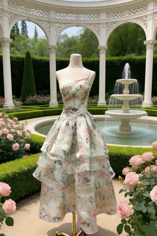 Pink & Green Floral Print Layered Organza Dress - Spring Fresh Style Gown gh6966