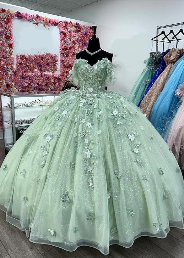 Gorgeous Sage Green Applique Sweetheart Off-the-shoulder Sweet 16 Quinceanera A-Line Floor-length Prom Dress Evening Dress Ball Gown HZ1024