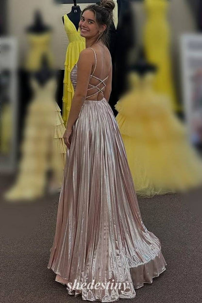 Spaghetti Straps Light Pink Pleated Metallic Prom Dress with Slit