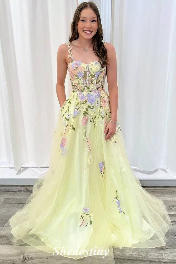 3D Flower A-Line Yellow Sweetheart Tulle Prom Dress