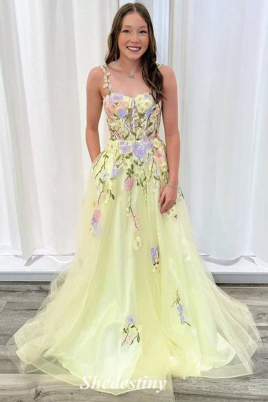 3D Flower A-Line Yellow Sweetheart Tulle Prom Dress