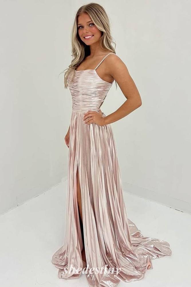 Spaghetti Straps Light Pink Pleated Metallic Prom Dress with Slit