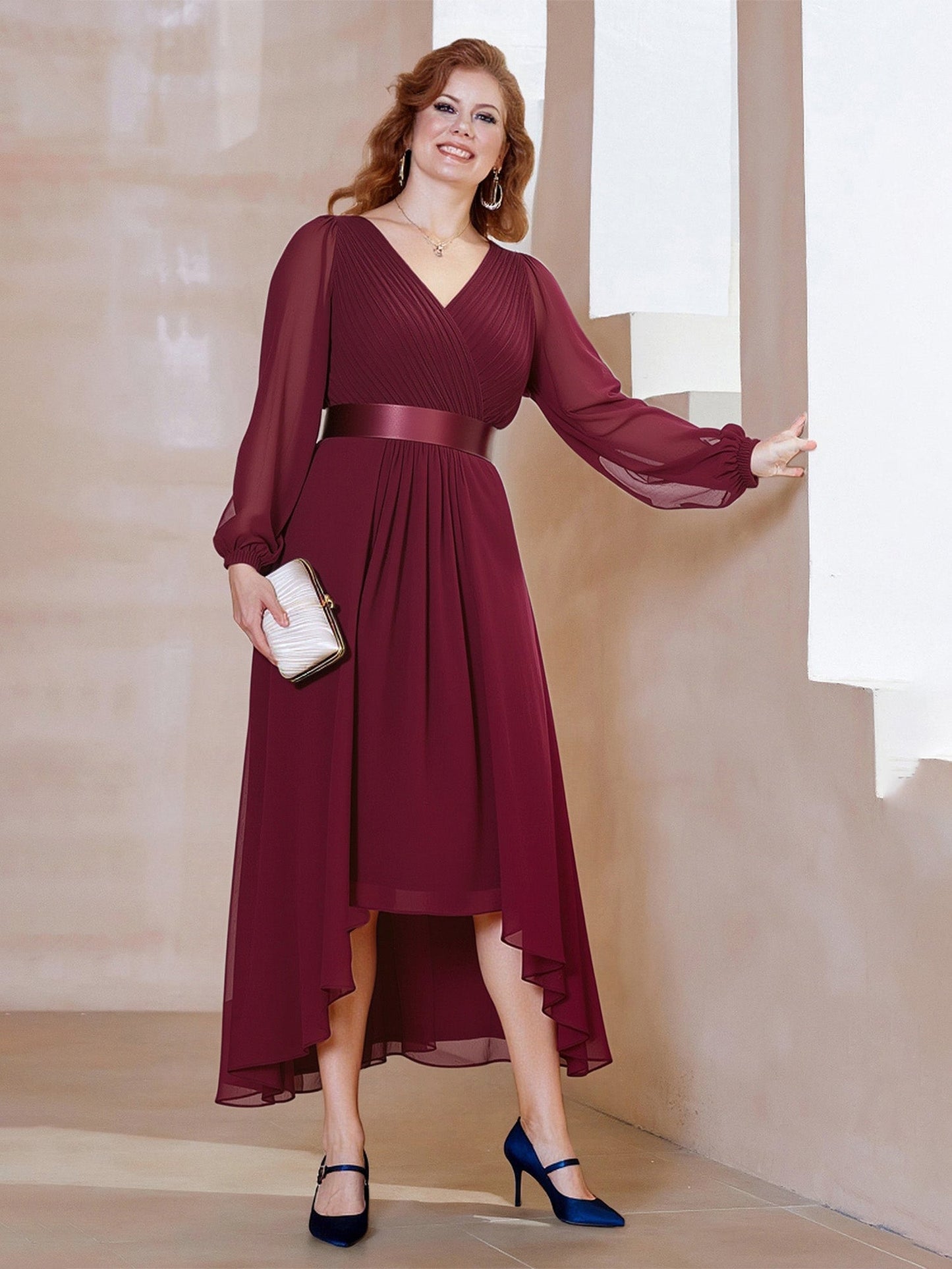 High-Low Chiffon Dress with Ruched V-Neck and Long Sleeves Burgundy