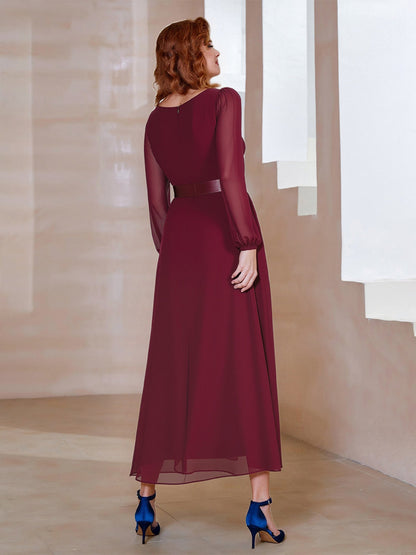 High-Low Chiffon Dress with Ruched V-Neck and Long Sleeves Burgundy