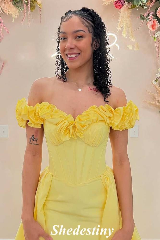 Ruffle Off the Shoulder Yellow Sheath Porm Dress with Train