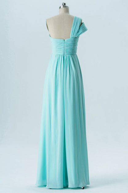 Aqua Blue One-Shoulder Double Straps Bridesmaid Dress
