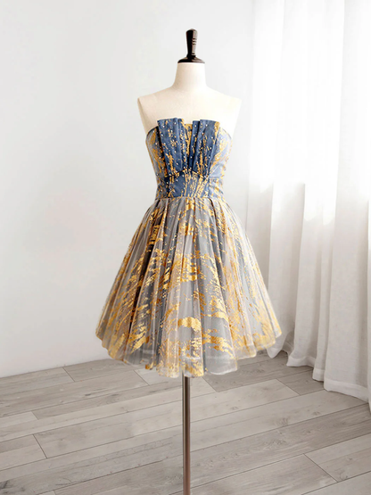 Vintage Sequin Beaded Strapless Ruffled Hem Design A-line Tulle Party Dress Homecoming Dress HZ1024