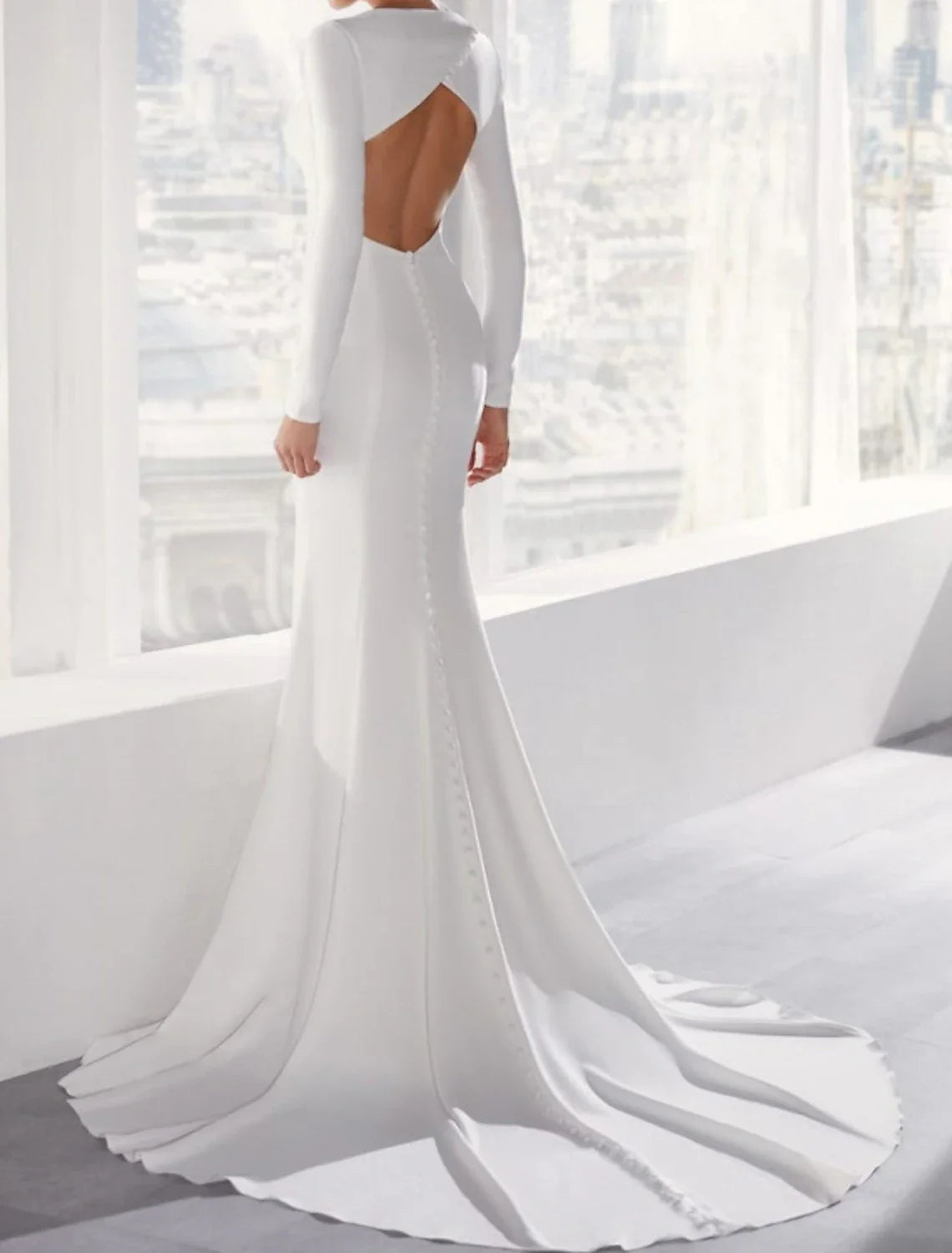 Aimishang Hall Open Back Casual Wedding Dresses Mermaid / Trumpet Scoop Neck Long Sleeve Court Train Stretch Fabric Bridal Gowns With Buttons