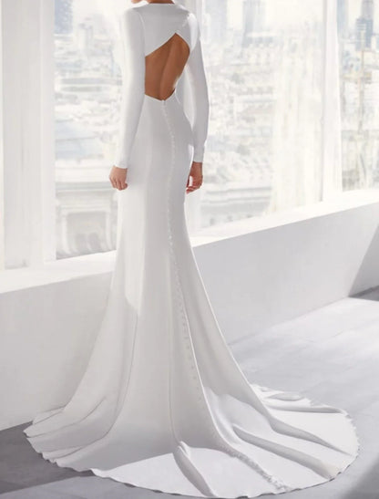 Aimishang Hall Open Back Casual Wedding Dresses Mermaid / Trumpet Scoop Neck Long Sleeve Court Train Stretch Fabric Bridal Gowns With Buttons