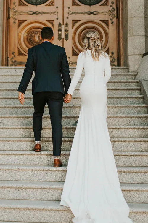 Aimishang Elegant Modest Long Sleeve Satin Wedding Dress With Sweep Train