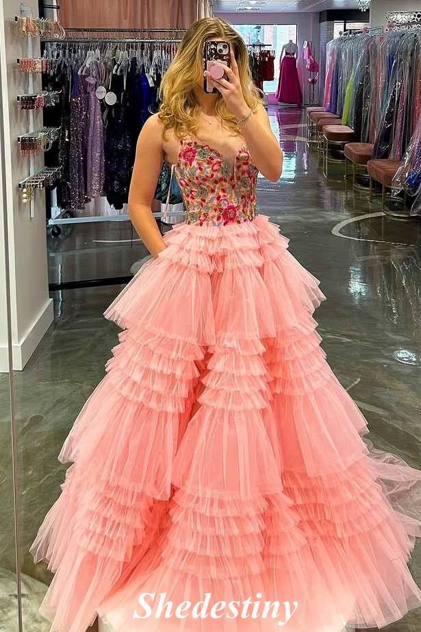 V-Neck Light Pink A Line Tiered Ruffles Prom Dress with Printed Embroidery