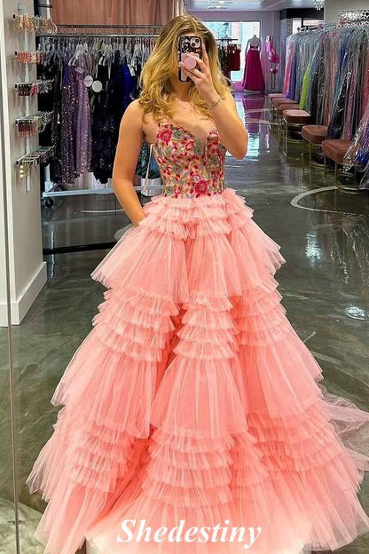 V-Neck Light Pink A Line Tiered Ruffles Prom Dress with Printed Embroidery