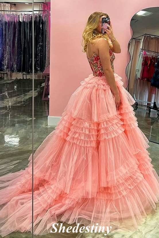 V-Neck Light Pink A Line Tiered Ruffles Prom Dress with Printed Embroidery