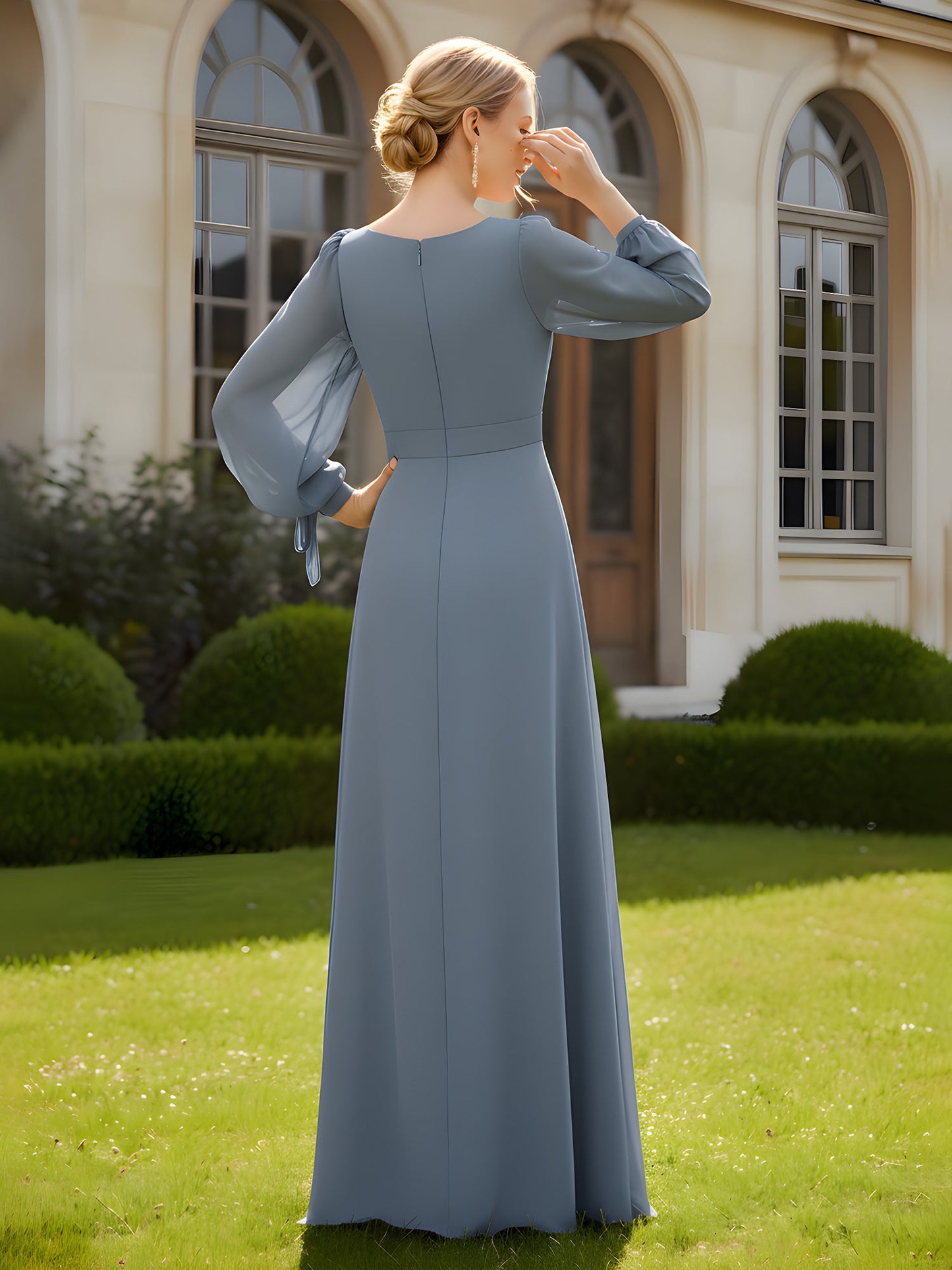 V-Neck Maxi Dress with Slit and Fitted Bodice Dusty Blue