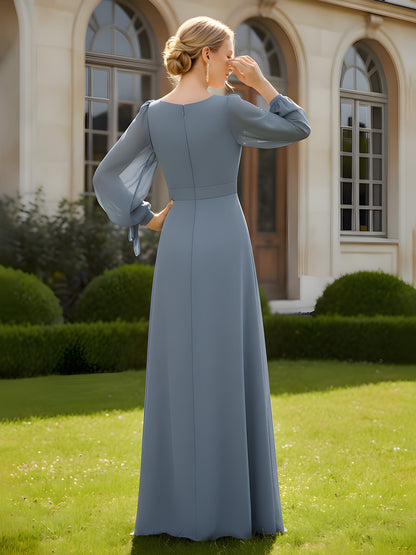 V-Neck Maxi Dress with Slit and Fitted Bodice Dusty Blue
