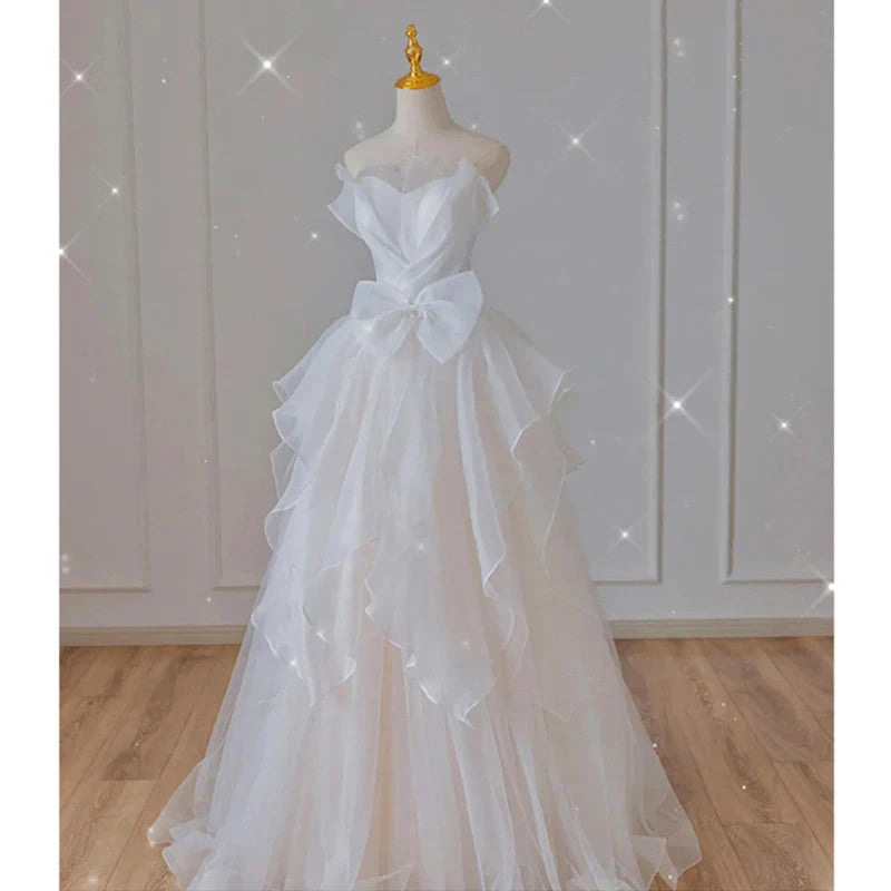 White French Strapless Wedding Gown Bow Tie Long Prom Dress