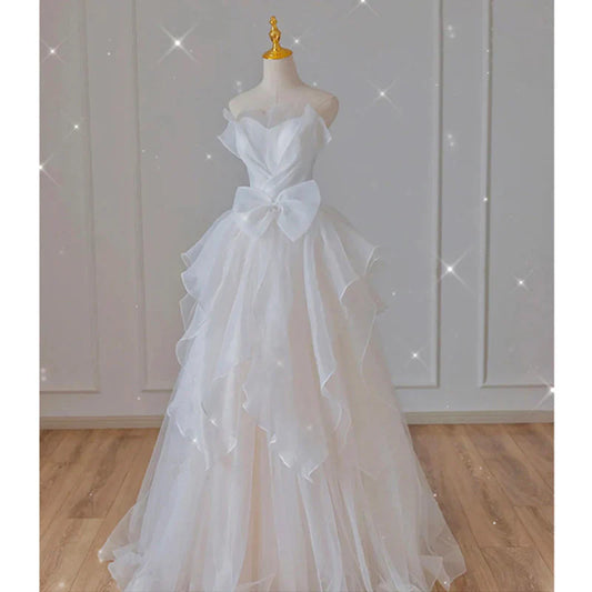 White French Strapless Wedding Gown Bow Tie Long Prom Dress