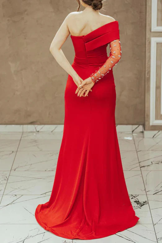 Red Long Sleeve One-Shoulder Mermaid Prom Dress with Split and Beading