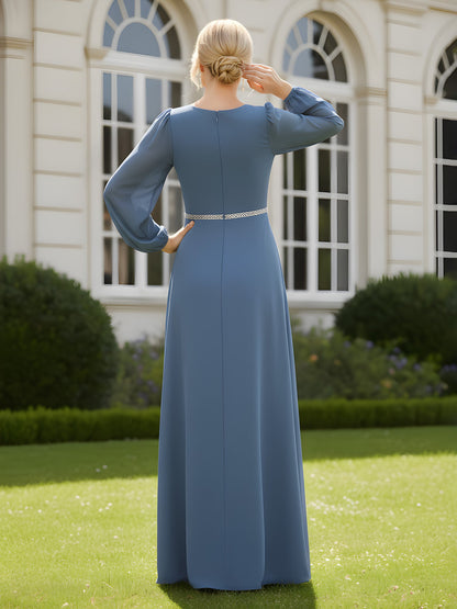V-Neck Ruched Maxi Dress with Long Sheer Sleeves Slate Blue