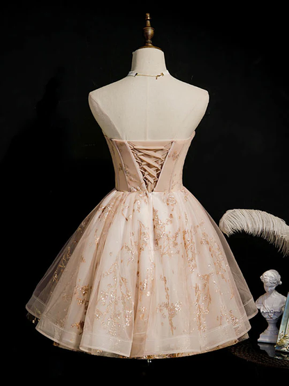 Vintage Champagne Applique Beaded Strapless Design A-line Tulle Party Dress Homecoming Dress HZ1024