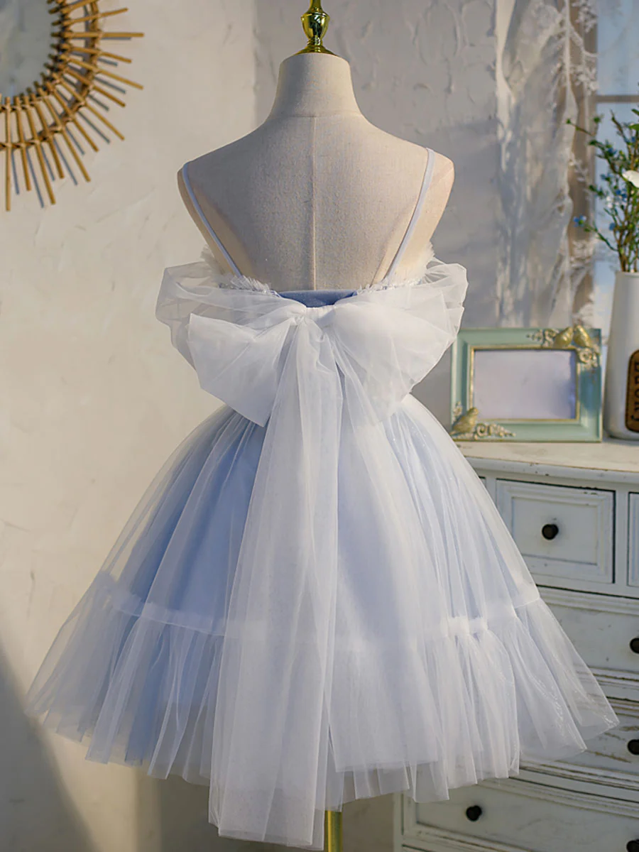 Vintage Light Blue Applique Sweetheart Spaghetti Strap Design A-line Tulle Party Dress Homecoming Dress HZ1024