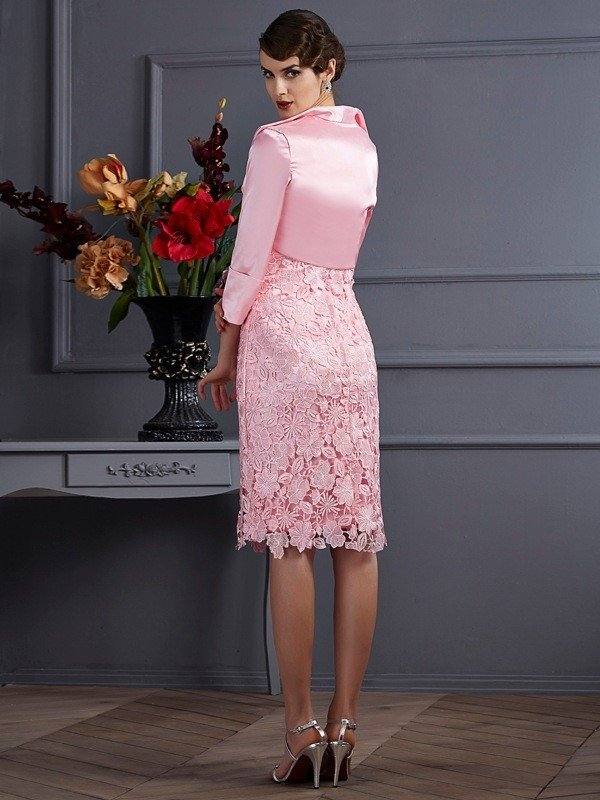 Sheath/Column Halter Sleeveless Lace Short Elastic Woven Satin Mother of the Bride Dresses - RongMoon